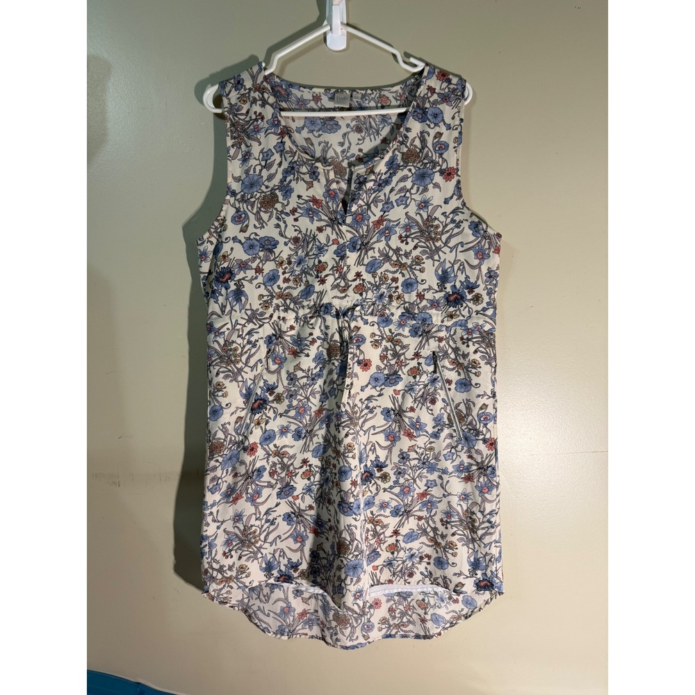 Twik Simons Floral Sleeveless Tunic Top Blue Peach Zipper Pockets Large